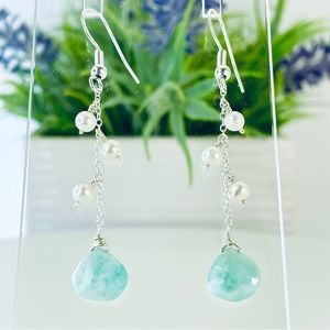 Larimar Teardrop with Freshwater Pearls Drop Dangle Earrings